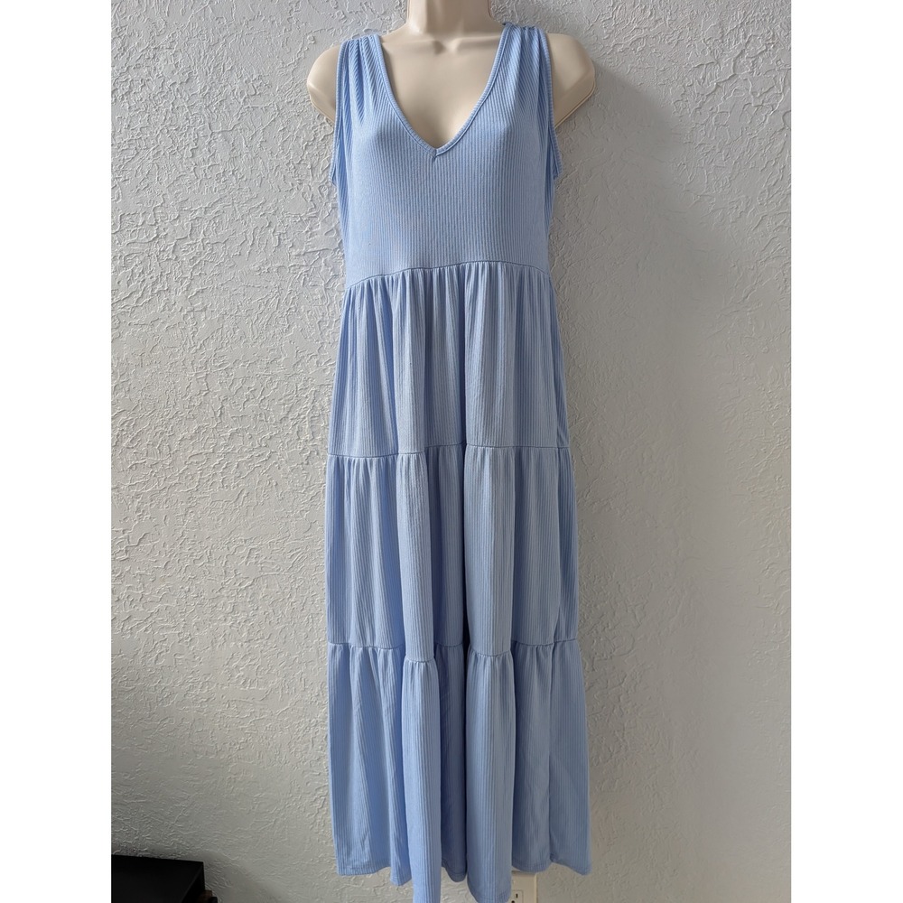 See You Monday Coastal Casual Maxi Dress Women M Blue Ribbed Tiered V-Neck